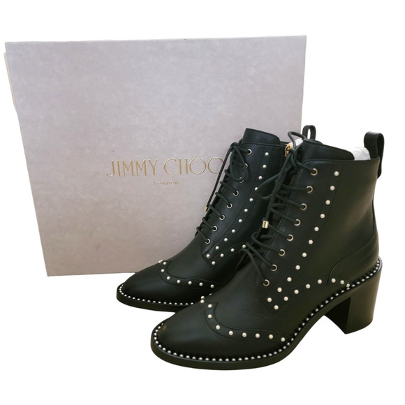 Jimmy Choo Hanah 65 Black Leather Pearl Studded Lace-Up Combat Boots 38 / US 8 - Picture 2 of 11